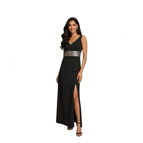 Donna Karan New York Black Evening Gown Beaded Waist Slit Dress Size 4 Elegant Donna Karan New York Black Evening Gown Beaded Waist Slit Dress Size 4 Elegant